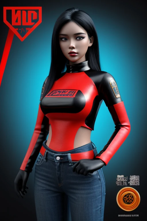 logo or emblem that says "Msdm" embossed and futuristic, with a painted, yellow, black and red background. there is a trophy, a globe embossed . an Indonesian woman seen from behind wearing blue jeans, embossed and futuristic, creates a 3D effect, with a curved red and gold background, on Below there is the text "Nyai Kempot ". in 3D bold and capital font,3D blue color, on red background .high quality,embossed and futuristic.HD 16k.