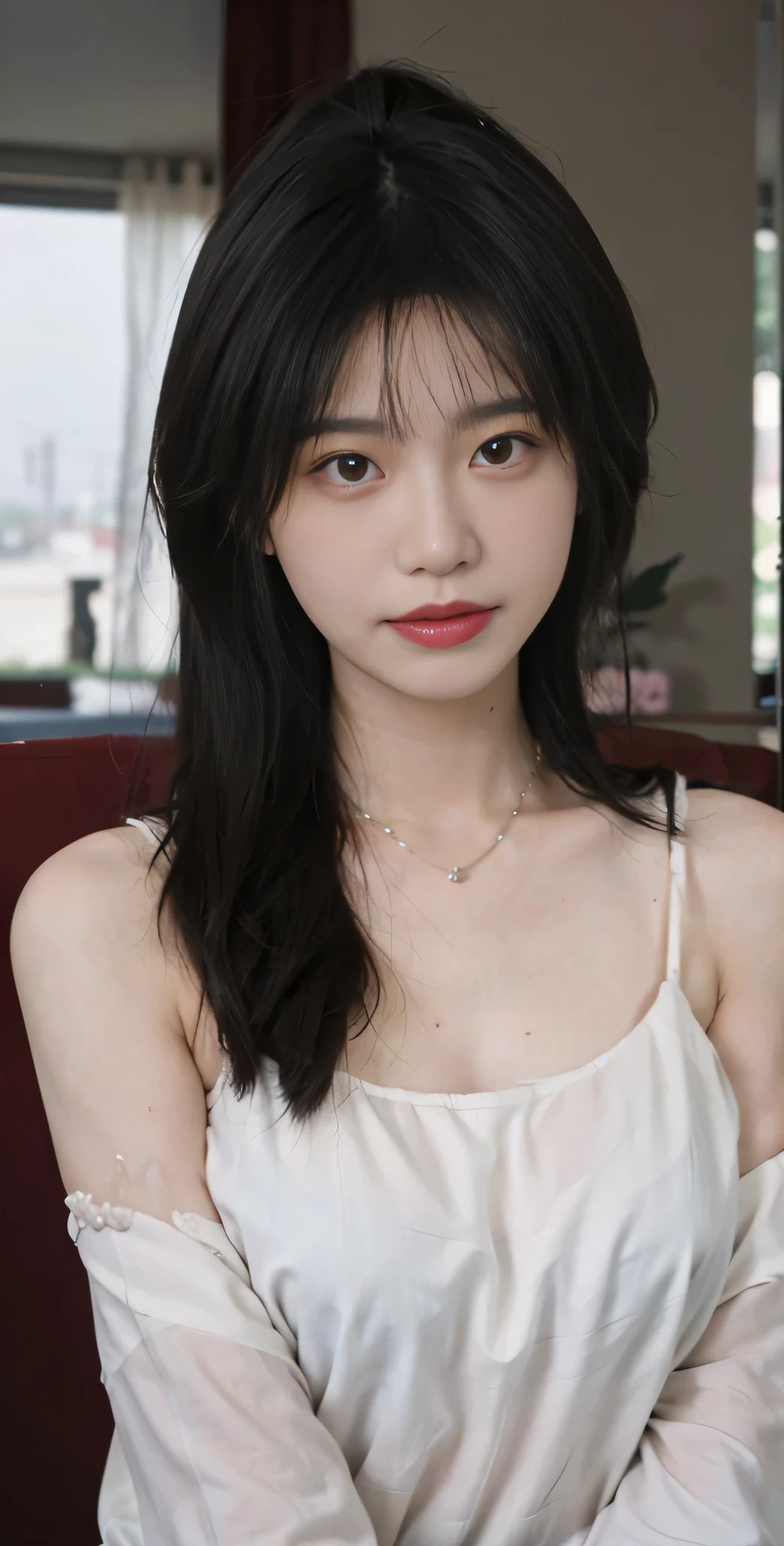 best quality， ultra high resolution， （realistically：1.4），cute hairpin，Baoyu Girl，（flat chest：1.2） ，A pair of clear and charming peach blossom eyes,Royal sister，The sun shines on the face，Big wavy hairstyle，（necklace：1.2），（White skin：1.4），a sense of atmosphere，a beautiful girl，Looking directly at the viewer， Close-up cleavage ，(lifelike:1.4),1 girl,Sexy,(Upper body:1.6),(wet),(:1.2)