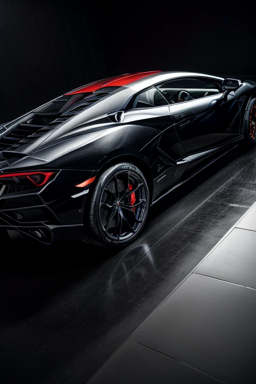 2023 Lamborghini Essenza SCV12, Sleek and dangerous murder noir style, Standing majestically against the backdrop of autumn colors. Every detail of the high-spec vehicle shines under cinematic lighting, Intricate stitching from the tinted windows to the black leather interior. The engine emits a strong roar, A low roar sounded，Adds an overall sense of maturity and power. 8.3 MP images, Capturing the Essence of Lamborghini, Presented in Ultra HD resolution, Every curve and crease of the car body is detailed and realistic. Lamborghini ESSENZA SCV12 ;