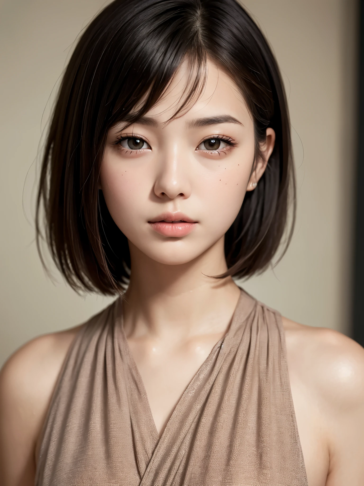 professional portrait、Detailed workmanship、(high resolution:1.2)、Gravure photo、8K, High resolution、(RAW photo, photorealistic:1.2)、best quality, master pieces, Slim figure、High definition face、(Face is in focus、High definition eyes, Moist eyes)、(Focused, symmetrical pupils:1.2)、High-definition and beautiful skin、Firm Skin、Natural Makeup、gross lip, High-definition hair texture, (Japanese women、female university student)、20-year-old、(very short hair:1.3), Beauty, embarrassed, blush