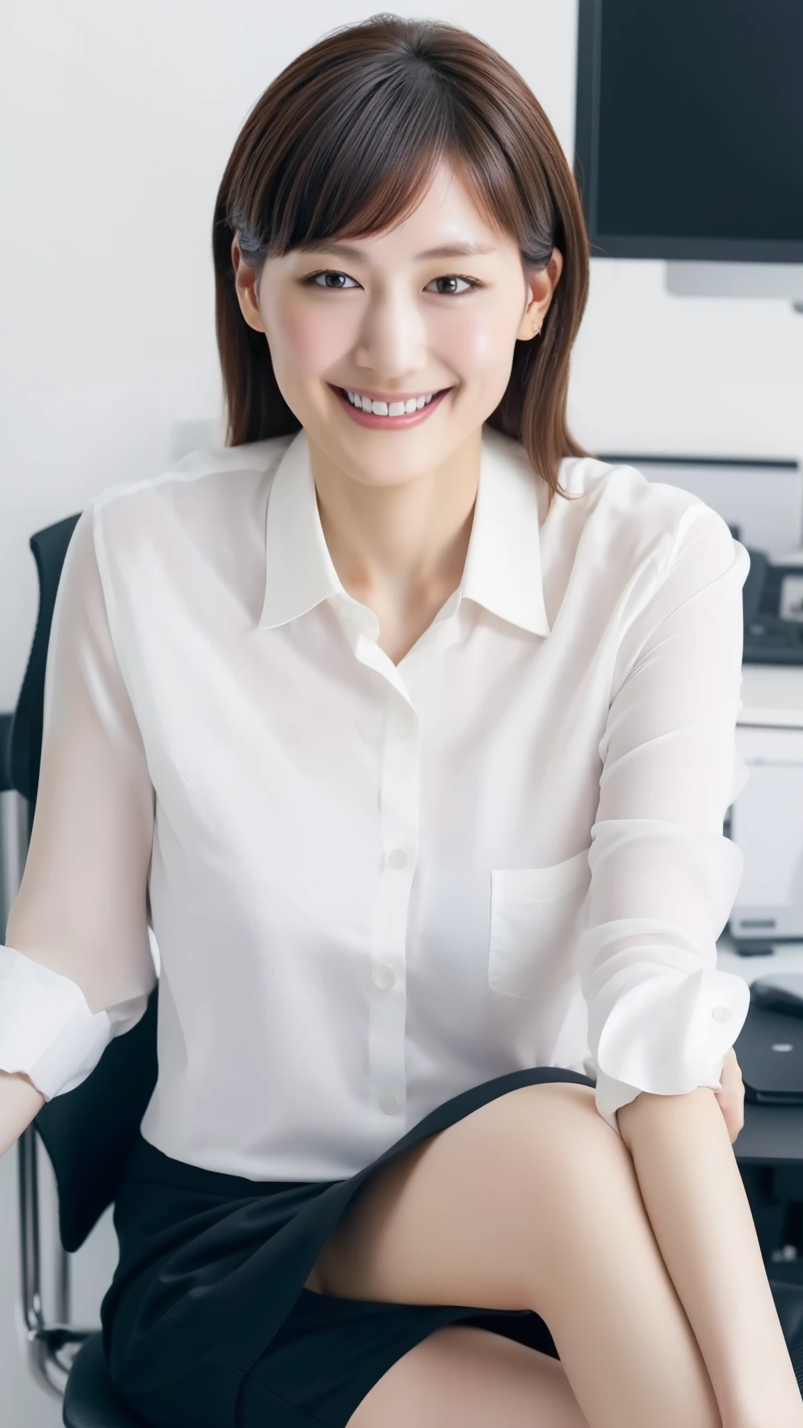 ((highest quality, 8K, Representative works in detail, Ultra-high resolution)), breast enhancement, (Watching the audience), (Mid Shot:), Charming business woman1name, Ayase Haruka、A little chubby、light makeup、Amazing beauties、White collared shirt, Grey Skirt, (sitting in an office chair)), smile, office with computer,Large Bust、mini skirt、Panties are visible、Spread your legs、