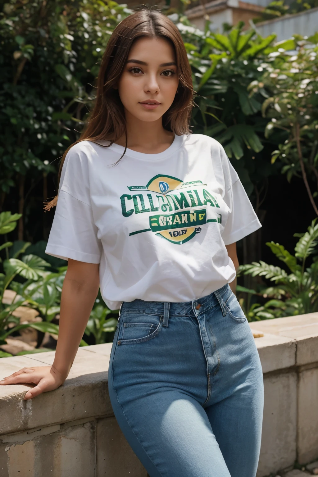 Garota Colombiana, The background is a garden, perfeito, com camiseta oversize e jeans, melhor qualidade, foto hiperrealista,