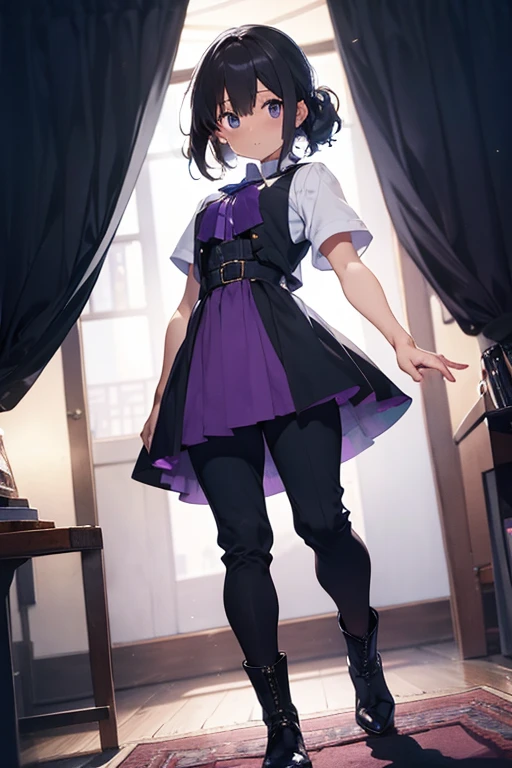 (Boy1), (Full Body Picture), +, (anime), (young),(-yeld adscent), (height 1.88cm),(Dark brown skin color),(short curly black hair),(brown eyes),(wearing),+, (A 14th-century outfit An emperor's outfit with a shiny black cape with a shade of dark blue, and a pair of pants White and it's shiny black boots with dark blue and purple undertones and a dark blue emperor blouse with purple undertone and a black vest with dark purple undertone)
