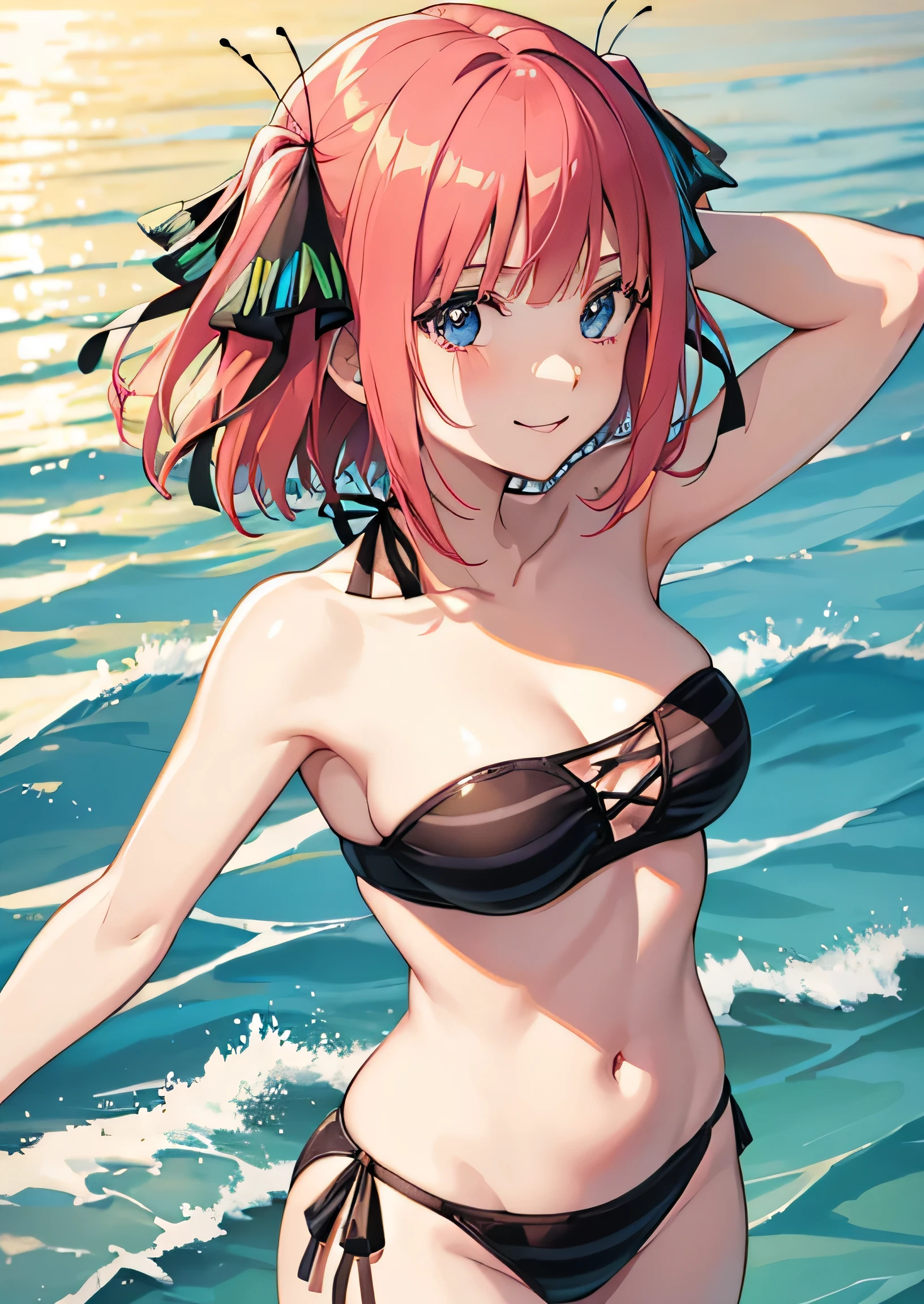 Nino Nakano is a character that appears in the anime "The Quintessential Quintuplets" 「The background is a beach at sunset.」The eyes of this character are blue. My hairstyle is a bob cut with pink color. This character is wearing a butterfly hair accessory. Please focus on this character. This character has a very lovely smile.high Quality. The character is wearing a bandeau bikini with a black and white striped pattern.. masterpiece,best quality,ultra detailed,