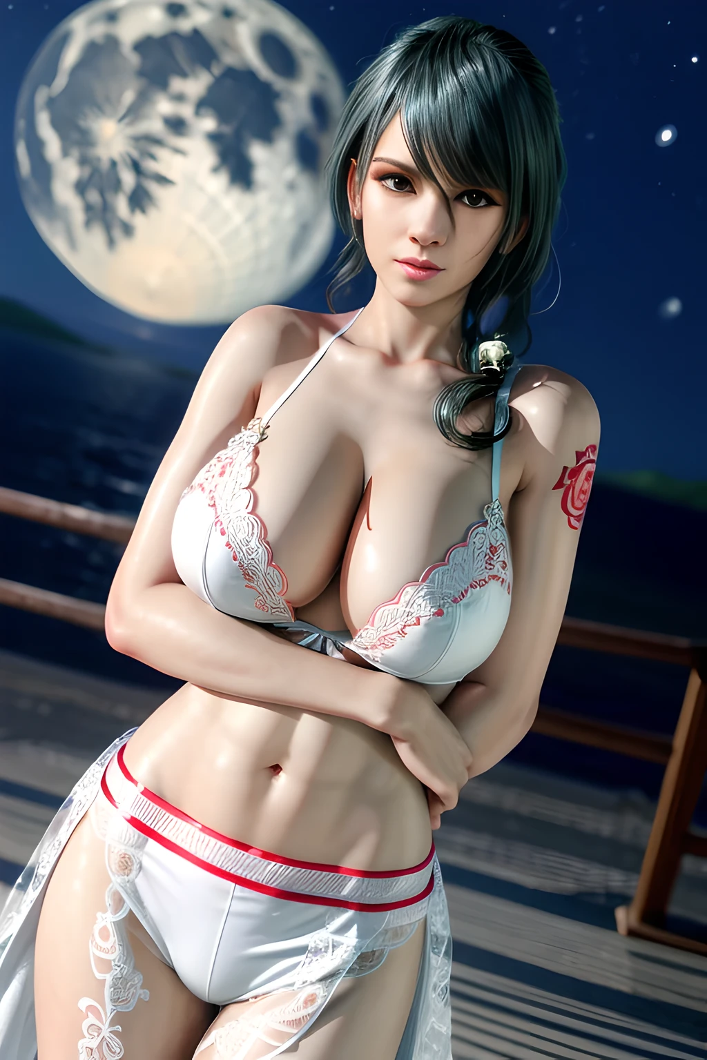 1 girl,standing posture, (Embroidered Trim Wedding Dress), nighttime,moon,( huge breasts:1.1),cleavage,shiny skin,lip gloss,( tattoos:1.2), masterpiece, best quality, realistic ,Surrealism,Rich artistic colors, 8K,3D,Portrait art,solo, tamaki