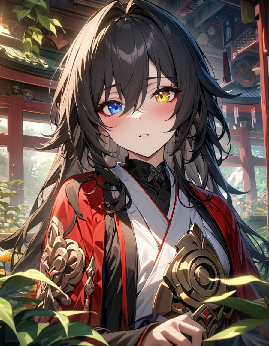 absurdres, highres, ultra detailed, HDR, master piece, best quality, Blade, black long hair, heterochromia, red left eye, yellow right eye, solo, 1 , black kimono, red haori, Honkai star rail, extremely detailed face and eyes, inside a shrine, green leaves, flowers