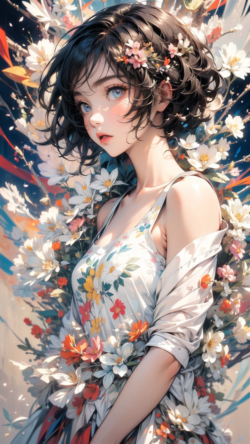 (masterpiece, High resolution, highest quality), Composition from head to thighs:1.3, Upper body focus, 20-year-old woman, Asymmetrical short hair, Disorganized, Petals and paint collage, abstract design, artistic juxtapositions, mixed-media approach, Anime Style, simple lines, Digital Painting,