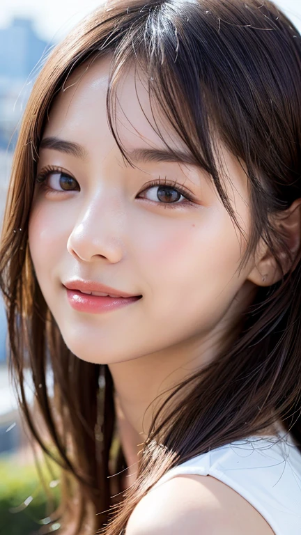 With the alleys of Kyoto in the background、18 year old girl、independent、Look forward、Light eye makeup、Brown Hair Color、flat 、hair blowing in the wind、quality of actress、Shiny, Ultra-realistic faces、smileの表情、Watery eyes、look up、Calming lighting effects、 Ultra-Realistic Capture、Very detailed、High resolution 16K human skin close-up。Skin texture must be natural、Must be so detailed that pores are visible、skin is healthy、Must be an even tone、Use natural light and color、High quality photos taken by a modeling agency&#39;Exclusive photographer、smile