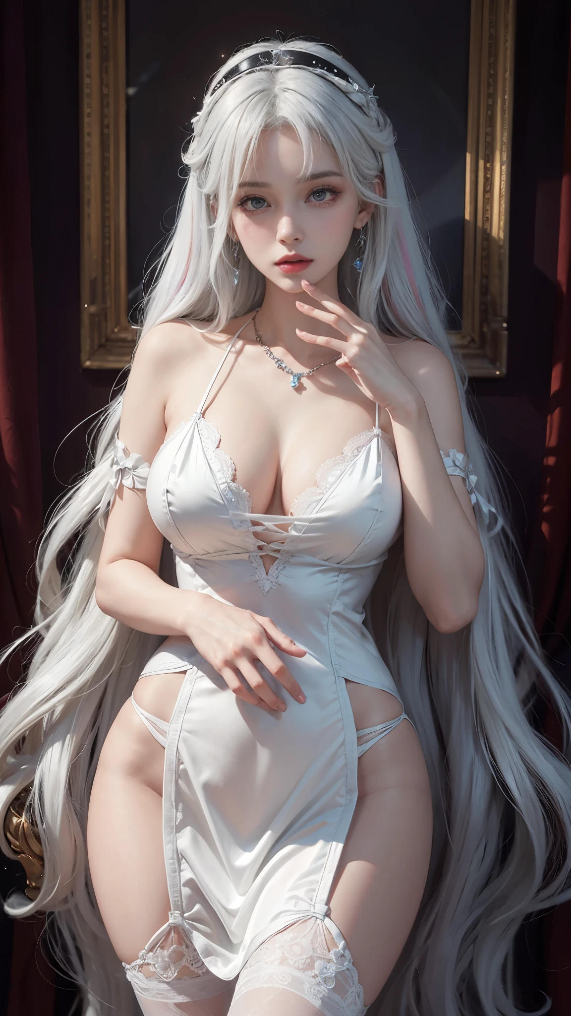 (((multicolored hair, [White hair]))), ultra realistic 8k cg, Picture-perfect face, Flawless, Clean, Masterpiece, Professional artwork, Famous artwork, Cinematic lighting, Cinematic bloom, Perfect face,(Young:1.2),((20yr old)), Beautiful face, Beautiful eyes, (((Perfect female body, Narrow waist))), Young princess, royal, Divine, Goddess, divino, (Royal Palace), fantasy, Dreamlike, unreal, Science fiction, (Normal breasts:1.2), ta Costume Outfit，Beautiful clothes, Lace, Lace trim, lace-trimmed legwear, NSFW,, Absurdly long hair, Very long hair, (Rich:1.4), necklace, Earrings, Bracelet, armlets, view the viewer,(thongs:1), (Hands have up to five fingers), (Redlip)