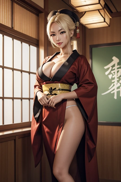 (Classroom window background), (smirk), 1girl, geisha, dark skin asian, tan skin asian, brown skin asian, brown skin, dark skin, tan skin, bleach blonde hair, pale yellow hair, geisha hairstyle, green eyes, hourglass figure, skinny body, petite_body, short height, large breasts, huge breasts, oppai, large cleavage, red kimono, black heels,