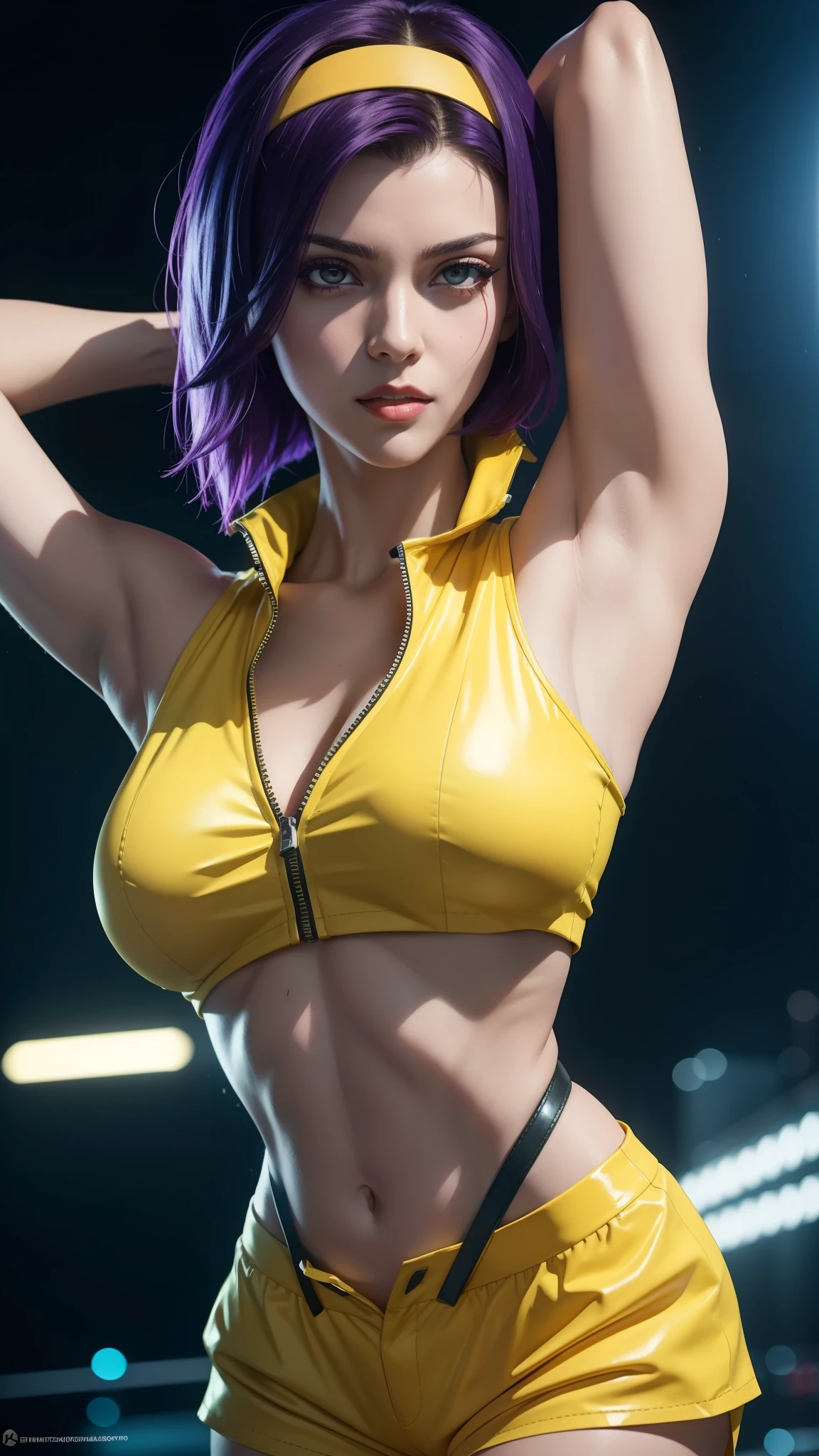 (best quality, 8k, highres), ultra-detailed, realistic, charismatic, bold, captivating, Faye Valentine in cowboy  bebop, with sharp eyes and delicate lips, beautiful detailed eyes, beautiful detailed lips, seductive expression, short purple hair, long legs, standing against a vibrant futuristic cityscape, city lights reflecting off the sleek surface, short  hair, (full detailed Faye valentine costumes), (yellow collar shirt, cropped, yellow short pant, headband), stunning cyberpunk aesthetic, neon lights creating a surreal atmosphere, overcast sky with hints of purple and blue, studio lighting accentuating her features, vivid colors enhancing the overall composition, bokeh effect adding depth and focus to Faye, physically-based rendering capturing every intricate detail of her appearance, arm up, armpit, standing, arms behind head