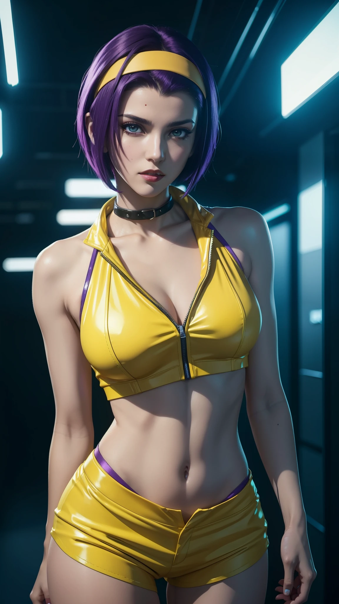 (best quality, 8k, highres), ultra-detailed, realistic, charismatic, bold, captivating, Faye Valentine in cowboy  bebop, with sharp eyes and delicate lips, beautiful detailed eyes, beautiful detailed lips, seductive expression, short purple hair, long legs, standing against a vibrant futuristic cityscape, city lights reflecting off the sleek surface, short  hair, (full detailed Faye valentine costumes), (yellow collar shirt, cropped, yellow short pant, headband), stunning cyberpunk aesthetic, neon lights creating a surreal atmosphere, overcast sky with hints of purple and blue, studio lighting accentuating her features, vivid colors enhancing the overall composition, bokeh effect adding depth and focus to Faye, physically-based rendering capturing every intricate detail of her appearance,