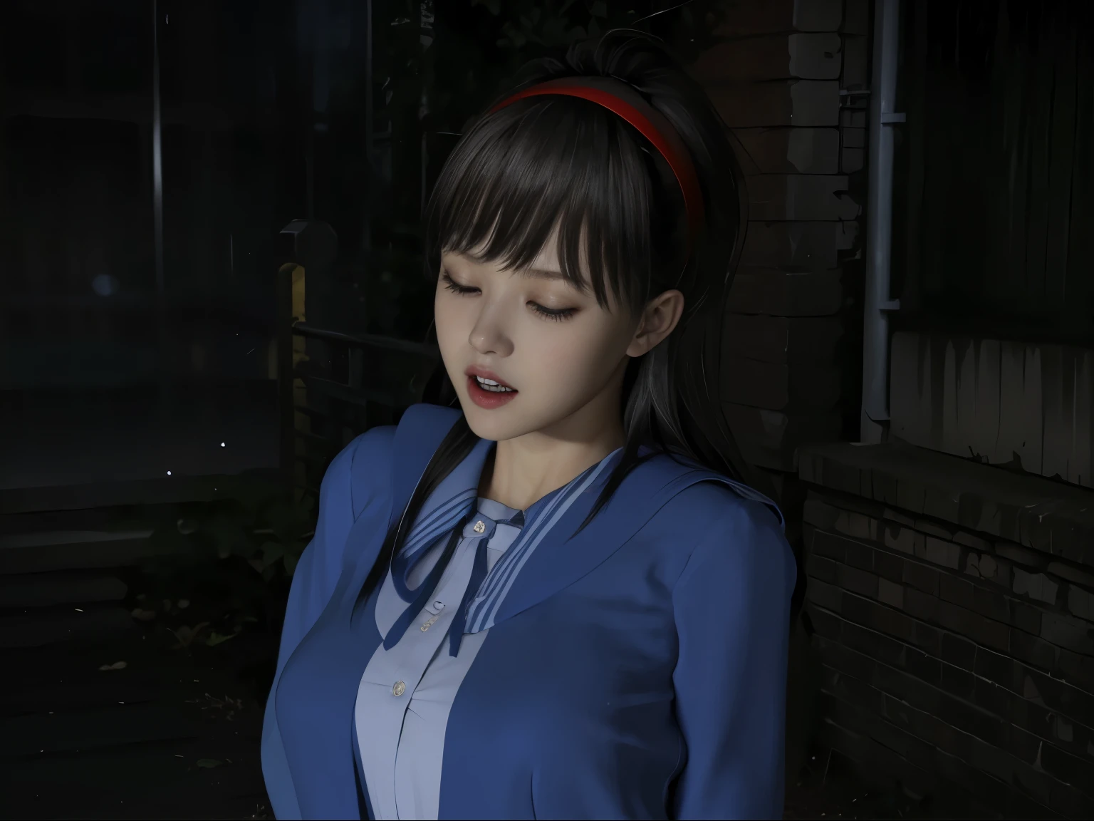 ((Sad、A frightened look))、((Sweaty、blush one's cheeks、Sweat-soaked skin))、(8k, highest quality, masterpiece:1.2), (Realistic, photo-Realistic:1.37), Very detailed,highest quality, Ultra-high resolution, Professional Lighting, Photon Mapping, Radio City, Physically Based Rendering, Cinematic lighting, Late Night Path,Depth of written border, Sharp focus,moonlight, Good composition,1 girl,alone,(whole body), (whole body),Fine and beautiful eyes,((Red Eyes、I'm afraid of something))、 Temporarily stop, Tight waist,Japanese , Black Hair,Messy Hair,Long hair blowing in the wind,((Navy blue socks))、High School Girl Sailor Uniform、