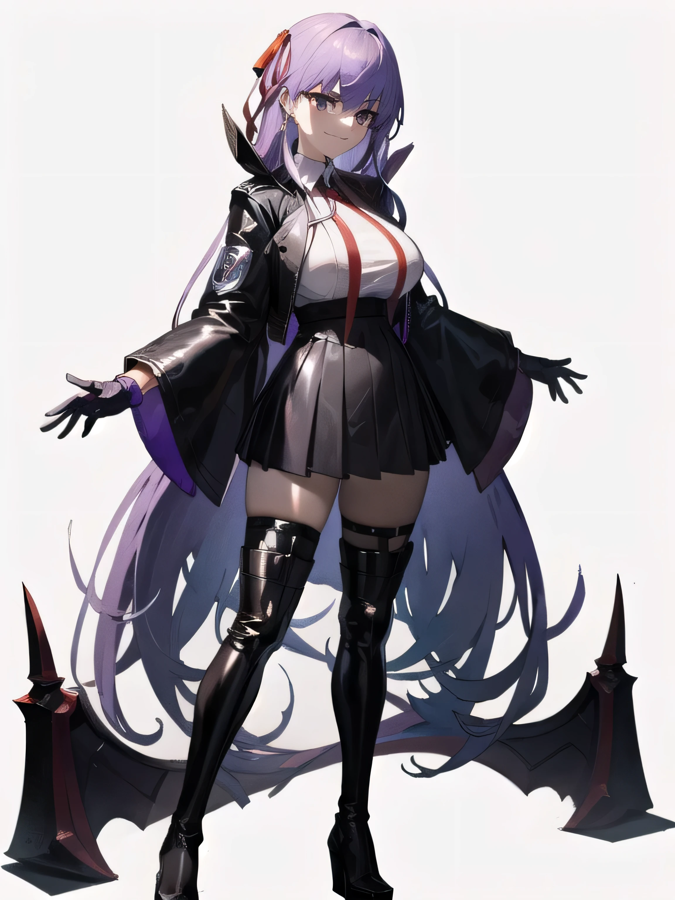 [(white background:1.5),::5], full body, isometric, mid shot, city, night, cyber punk,,, purple hair, black jacket, white shirt, black skirt, red ribbon, big breasts, purple eyes, white gloves, long hair, big collar, evil smile,smirk,thighhigh boots,