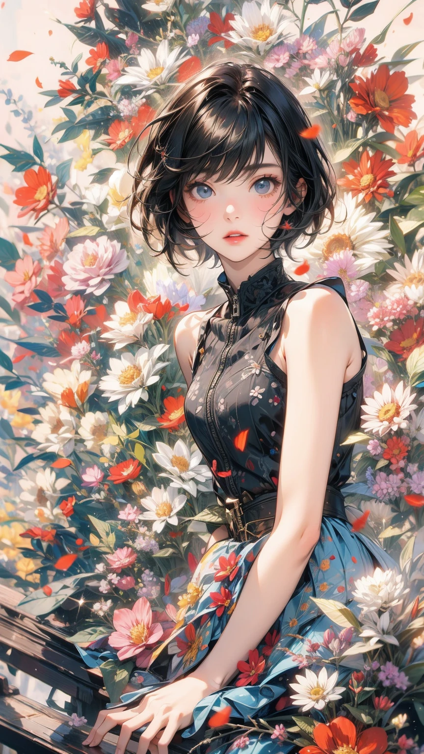 (masterpiece, High resolution, highest quality), Composition from head to thighs:1.3, Upper body focus, 20-year-old woman, Asymmetrical short hair, Disorganized, Petals and paint collage, abstract design, artistic juxtapositions, mixed-media approach, Anime Style, simple lines, Digital Painting,