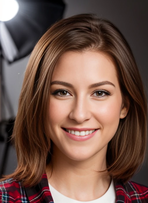 () ,a close up Portrait photo of (sw1) woman with brown short staright hair, Detailed face, (perfect eyes), (highly detailed skin:1.1), perfect body, smiling, wearing flannel shirt over a white top, Professional Photography, soft lighting, PHOTOREALISTIC, Realistic, standing in a dark studio background, blurred background, volumetric fog, RAW, analog style, sharp focus, 8k, HD, DSLR, high quality, Fujifilm XT3, film grain, award winning, masterpiece,