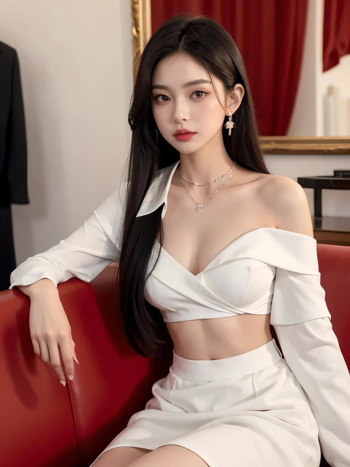 Kim jennie con el cabello negro oscuro, con rulos en las puntas del cabello negro oscuro, con un ganchito de estrella en el cabello negro oscuro, ojos de color claro, ojos bonitos, ojos llorosos, nariz bonita y respingada, labios bonitos, labios rosas, heart and cupid shaped lip, piel bonita, pale, piel blanca, con lunares y pecas en todo el rostro, rubor rosa suave en las mejilla, rubor rosa natural, maquillaje suave y rosa, jennie, cuellos bonito, cuello marcado, frown, mirada enojada, con un collar de beso, un collar bonito de beso, mientras tiene un traje de Yumeko Jabami, cospaly de Yumeko Jabami, mientras tiene una camisa blanca, con tiene un traje de color rojo encima de su camisa blanca, apretado a su cuerpo, con una falta negra corta mientras tiene el abdomen desnudo, delgado, marcado y bonito, (pechos grandes, pechos suaves, pechos bonitos, pechos naturales), mientras esta haciendo cospaly del personaje Yumeko Jabami, del anime Kakegurui, mirando a la camara, autofoto, selfie bonita