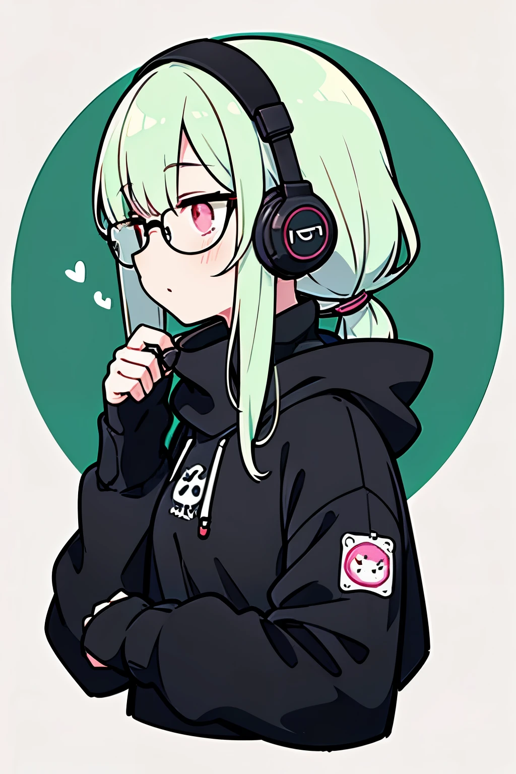 ((highest quality)), ((masterpiece)), (be familiar with), perfect face,white half-up hair,green mesh hair,Pink eyes,round glasses,cool black hoodie,headphones,black gloves,turtleneck,alone,icon、profile、Right beside、lofi