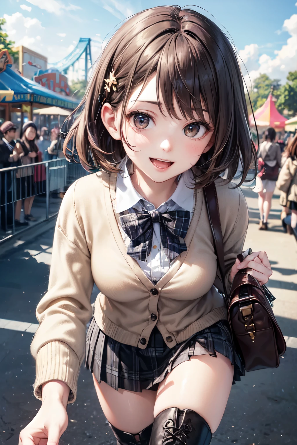 very cute and beautiful girl in amusement park ride,(highly detailed beautiful face),(white blouse),
laugh,happy,(beige cardigan:1.2) BREAK zettai ryouiki,(plaid brown mini skirt:1.2),
hair ornament,black hair,(black shoulder bag),(black boots),
(best quality,masterpiece:1.0),absurdres,highres,ultra-detailed,extremely detailed,32k,8k resolution,
intricate details,cinematic scene,detailed background,solo,dynamic angle,realistic,