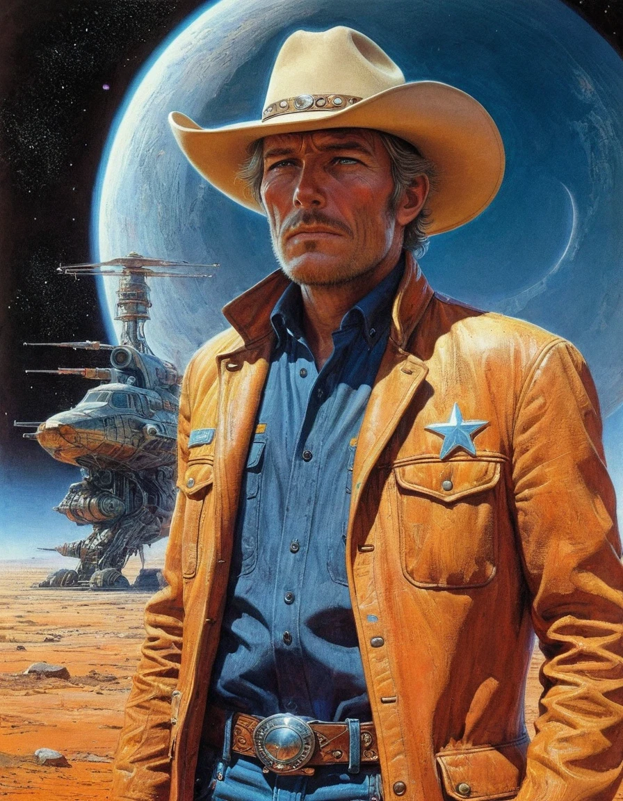 in style of Industrial photography, portrait, beautiful detailed，Moebius art style, 80's sci-fi fantasy magazine art, professional illustration, super detailed, amazing images of {star cowboys}, action backgrounds, cinematic compositions