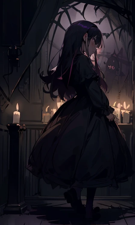 (highest quality), 1 Girl, :d,((Spooky dark room:1.6)),(((Full Body:1.3))),(((((Cute clothes))))),Dark purple hair,Messy long hair,straight hair,red eyes,((Walking through a dark room)),It's a very scary room,Black gothic long dress,(Melancholy expression:1.5),((((It's very dark out there)))),((Candles are displayed on the walls on both sides.)),((The candles light up the dark room)),