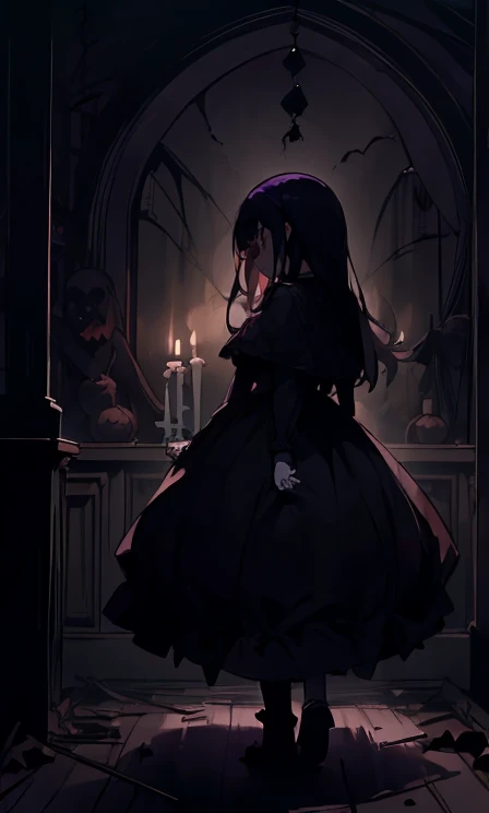 (highest quality), 1 Girl, :d,((Spooky dark room:1.6)),(((Full Body:1.3))),(((((Cute clothes))))),Dark purple hair,Messy long hair,straight hair,red eyes,((Walking through a dark room)),It's a very scary room,Black gothic long dress,(Melancholy expression:1.5),((((It's very dark out there)))),((Candles are displayed on the walls on both sides.)),((The candles light up the dark room)),