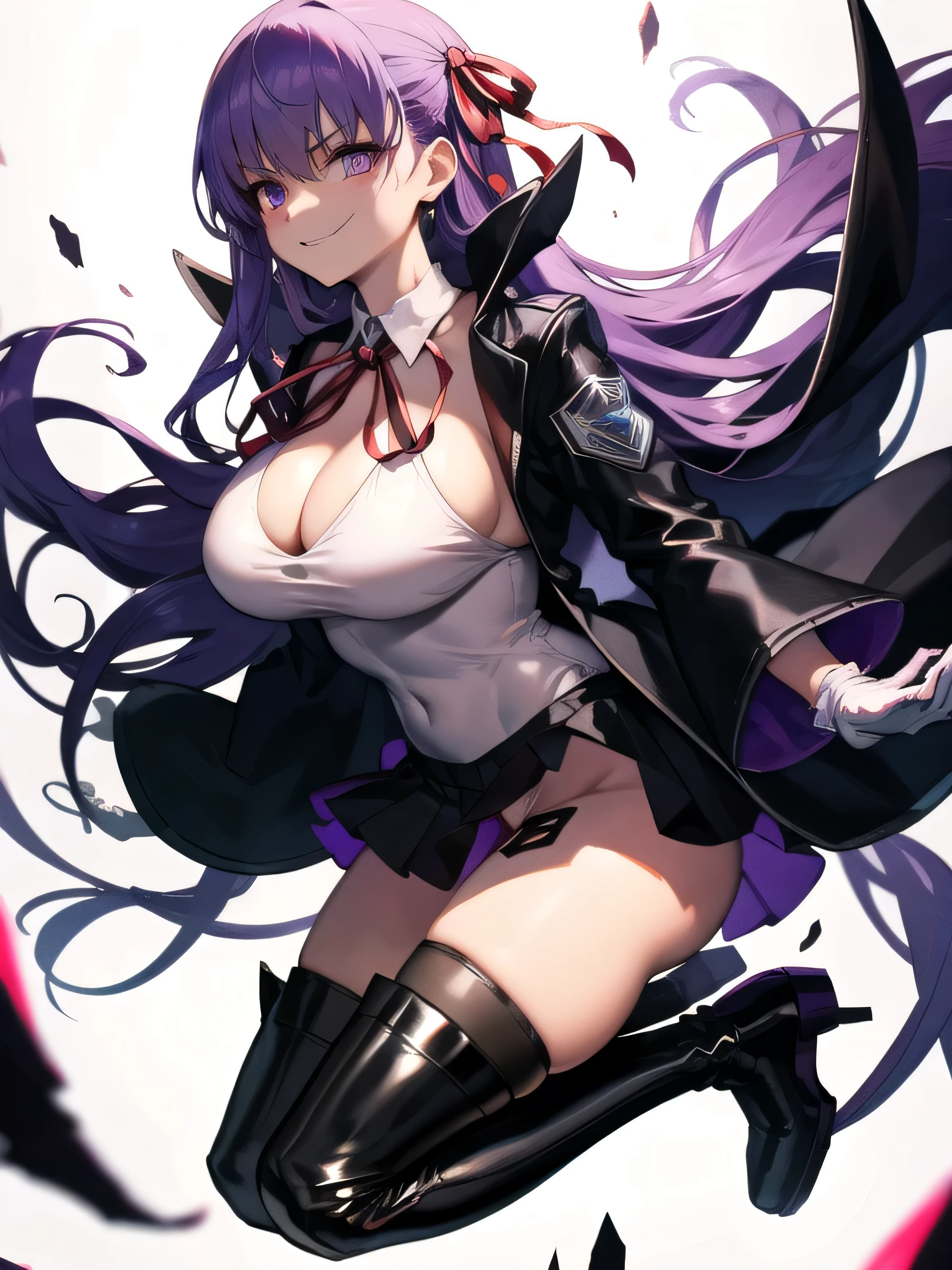 [(white background:1.5),::5], full body, isometric, mid shot, city, night, cyber punk,,, purple hair, black jacket, white shirt, black skirt, red ribbon, big breasts, purple eyes, white gloves, long hair, big collar, evil smile,smirk,thighhigh boots,