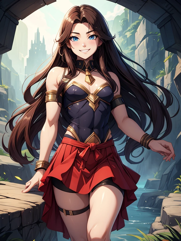 The God of Adventure, skirt, lithe, femboy, long hair, smile, happy