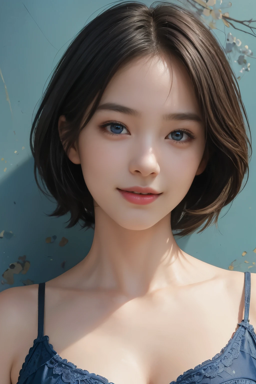 (A hyper-realistic), (illustration), (hight resolution), (8K), (highly detailed), (The best illustrations), (detailed face), (beautiful detailed eyes), (top-quality), (​masterpiece), (wall-paper), Upper body close-up, short hair,inner colored, solo, Girl in simple blue underwear, plump breasts, smile