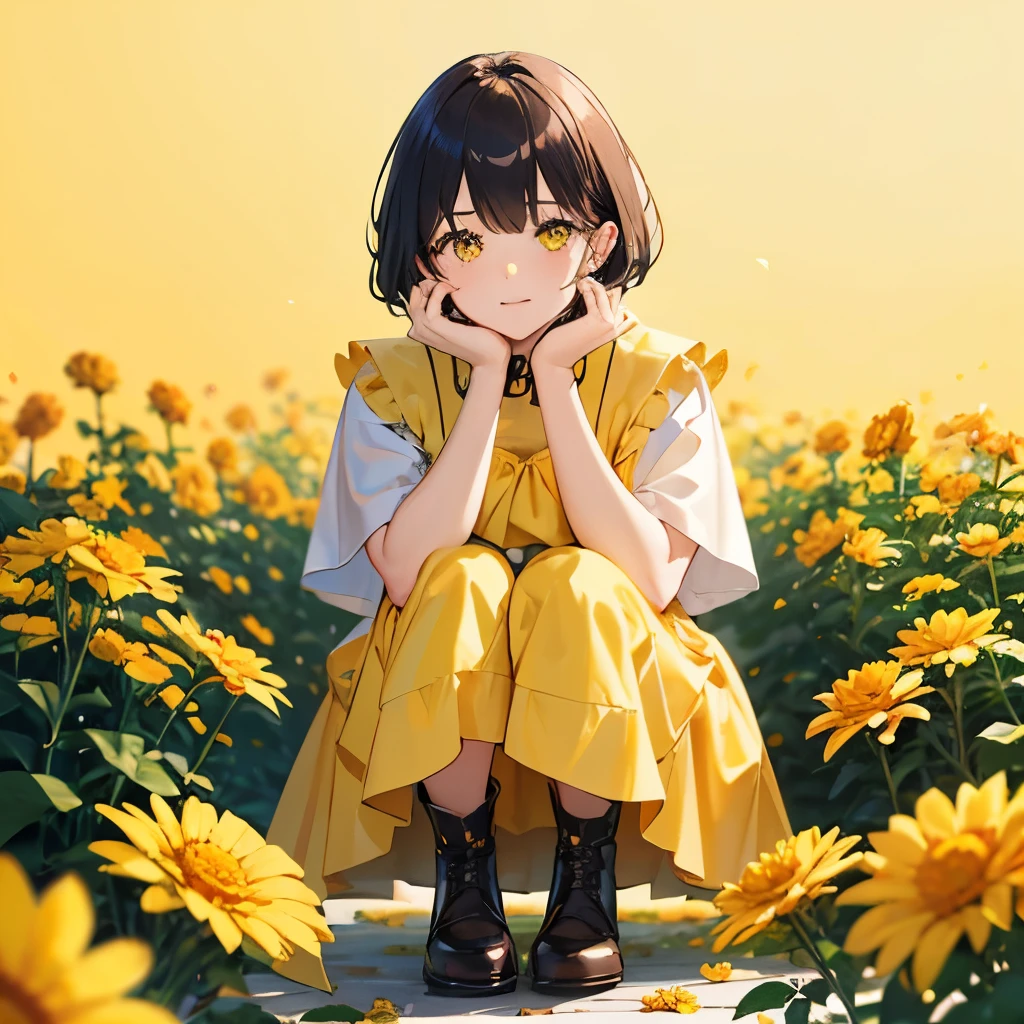 Top quality, yellow background, surrounded by yellow marigolds, a squatting woman, yellow short bob, princess cut, yellow beautiful eyes, wearing a yellow long skirt