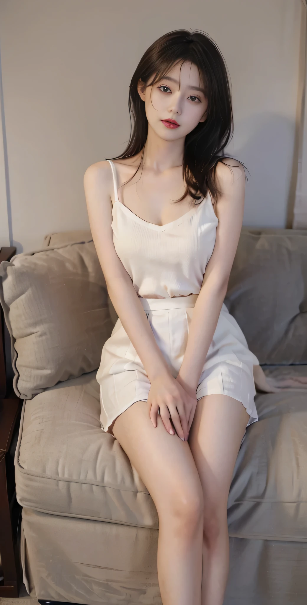 (Realistic lighting, bestquality, 10, masterpiece: 1.3)), 1girls, Beautiful woman with a slender figure: 1.4, Leng Yujie, an 18 year old high school girl., White skin, 二重まぶた, delicate eyes, Hollow white dress, white and transparent stockings, In the room, Sitting on a white bed covered with red petals, Lean forward slightly on the bed with your hands raised., Charming front view, Half of the black hair is in the front and the other half in the back.