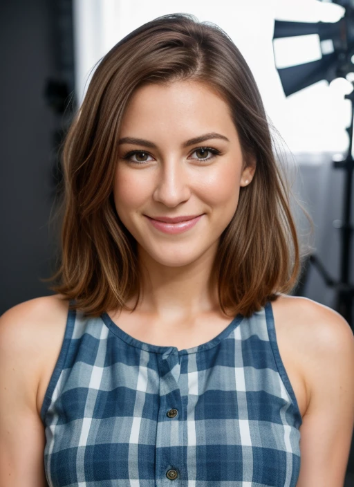 () ,a close up Portrait photo of (sw1) woman with brown short staright hair, Detailed face, (perfect eyes), (highly detailed skin:1.1), perfect body, smiling, wearing flannel shirt over a white tank top, Professional Photography, soft lighting, PHOTOREALISTIC, Realistic, standing in a dark studio background, blurred background, volumetric fog, RAW, analog style, sharp focus, 8k, HD, DSLR, high quality, Fujifilm XT3, film grain, award winning, masterpiece, upper body 