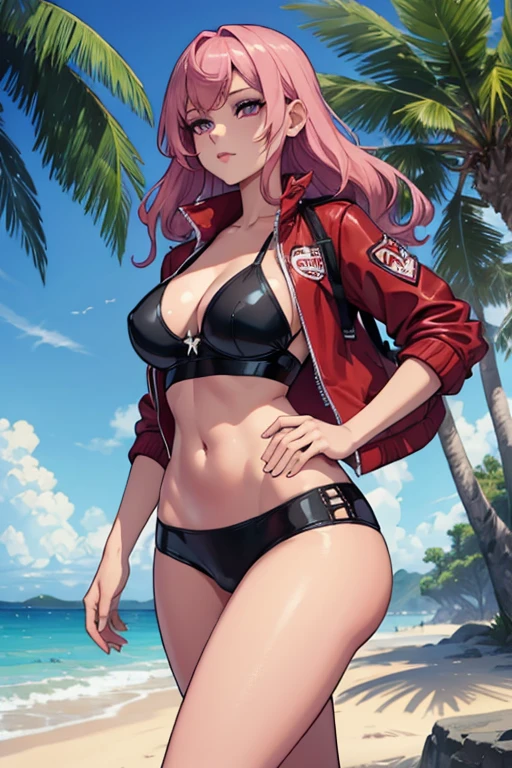 A pink haired woman with violet eyes and an hourglass figure in cool summer clothes is walking with a red haired woman with red eyes with an hourglass figure in cool summer clothes on the beach