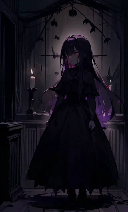 (highest quality), 1 Girl, :d,((Spooky dark room:1.6)),(((Full Body:1.3))),(((((Cute clothes))))),Dark purple hair,Messy long hair,straight hair,red eyes,((Walking through a dark room)),It&#39;s a very scary room,Black gothic long dress,(Melancholy expression:1.5),((((It&#39;s very dark out there)))),((Candles are displayed on the walls on both sides.)),((The candles light up the dark room)),
