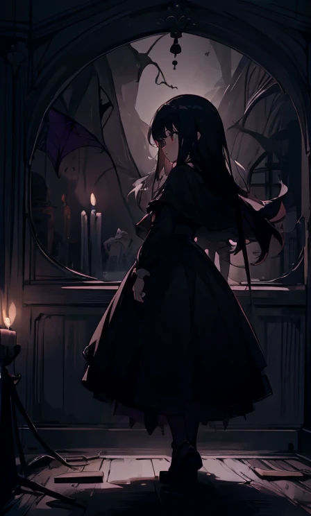 (highest quality), 1 Girl, :d,((Spooky dark room:1.6)),(((Full Body:1.3))),(((((Cute clothes))))),Dark purple hair,Messy long hair,straight hair,red eyes,((Walking through a dark room)),It's a very scary room,Black gothic long dress,(Melancholy expression:1.5),((((It's very dark out there)))),((Candles are displayed on the walls on both sides.)),((The candles light up the dark room)),