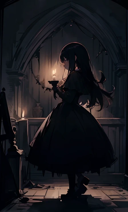 (highest quality), 1 Girl, :d,((Spooky dark room:1.6)),(((Full Body:1.3))),(((((Cute clothes))))),Dark purple hair,Messy long hair,straight hair,red eyes,((Walking through a dark room)),It's a very scary room,Black gothic long dress,(Melancholy expression:1.5),((((It's very dark out there)))),((Candles are displayed on the walls on both sides.)),((The candles light up the dark room)),