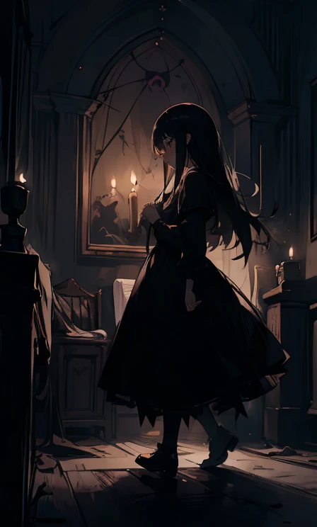(highest quality), 1 Girl, :d,((Spooky dark room:1.6)),(((Full Body:1.3))),(((((Cute clothes))))),Dark purple hair,Messy long hair,straight hair,red eyes,((Walking through a dark room)),It's a very scary room,Black gothic long dress,(Melancholy expression:1.5),((((It's very dark out there)))),((Candles are displayed on the walls on both sides.)),((The candles light up the dark room)),
