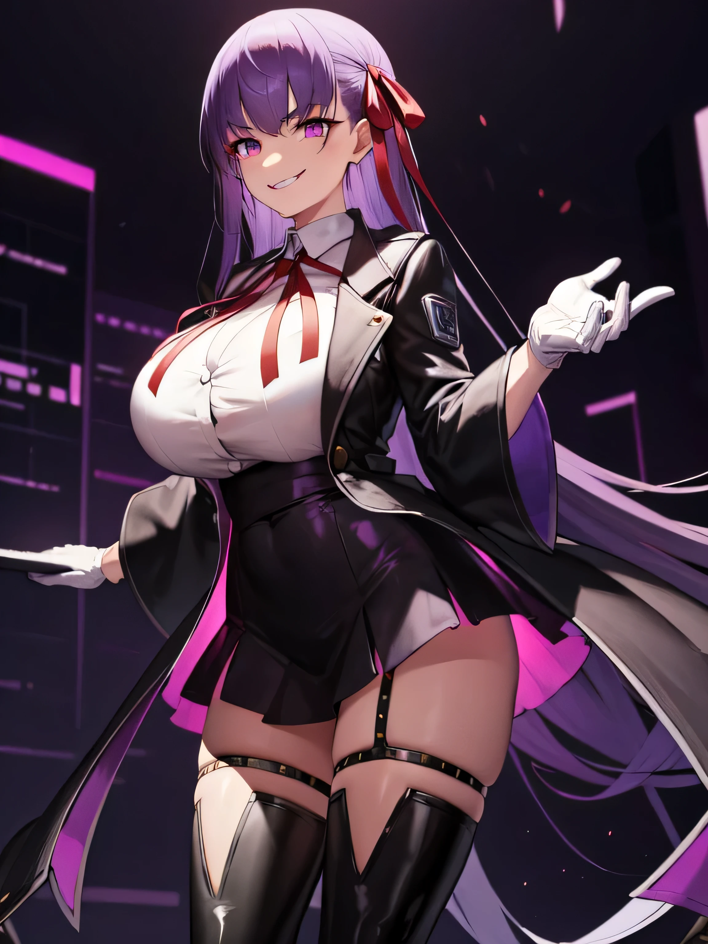  isometric, mid shot,  night, cyber punk,,, purple hair, black jacket, white shirt, black skirt, red ribbon, big breasts, purple eyes, white gloves, long hair, big collar, evil smile,smirk,thighhigh boots,