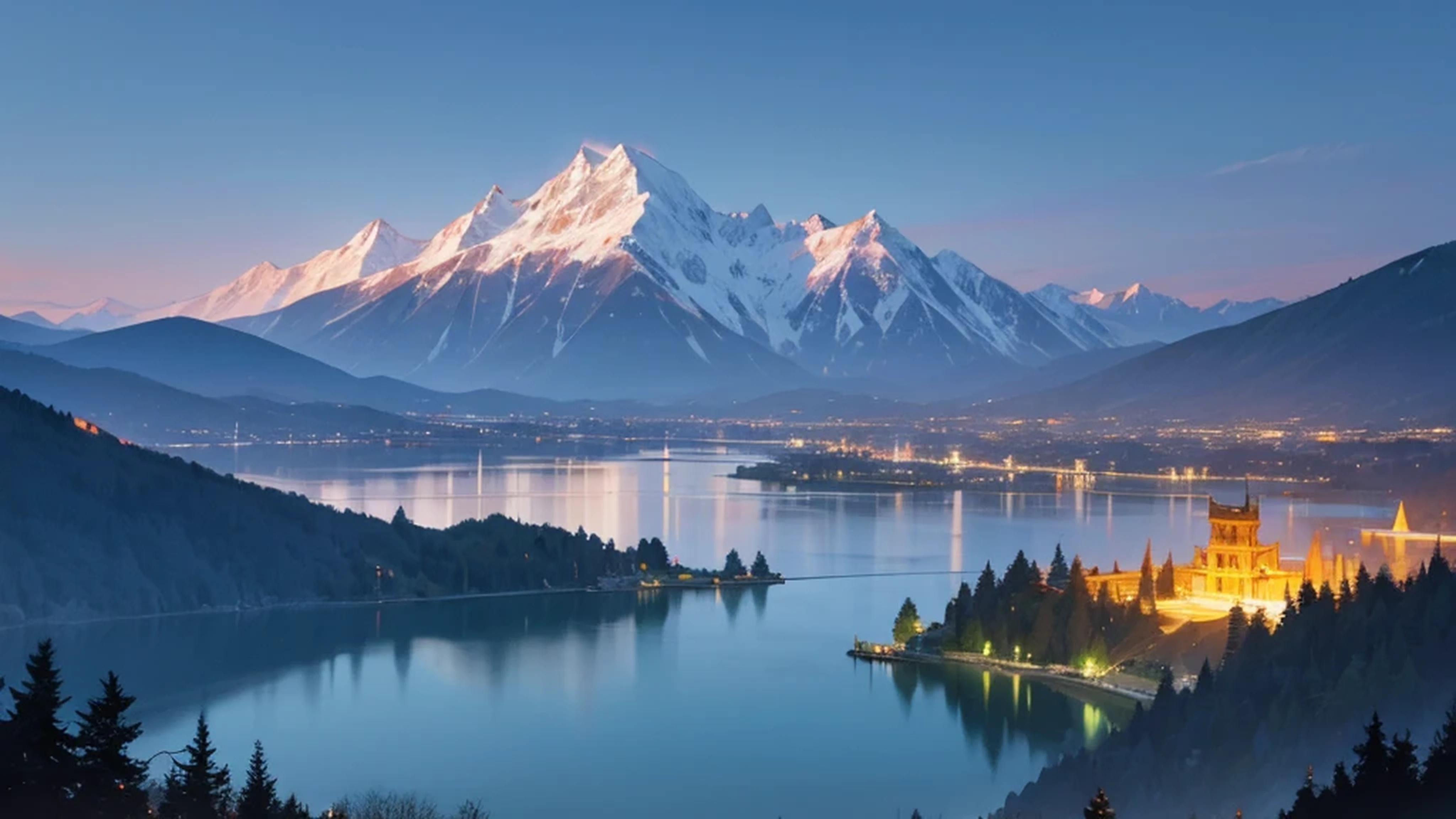 night, mountain range in the background, the lake in front of the mountains, An ancient city glows on the other side of the lake