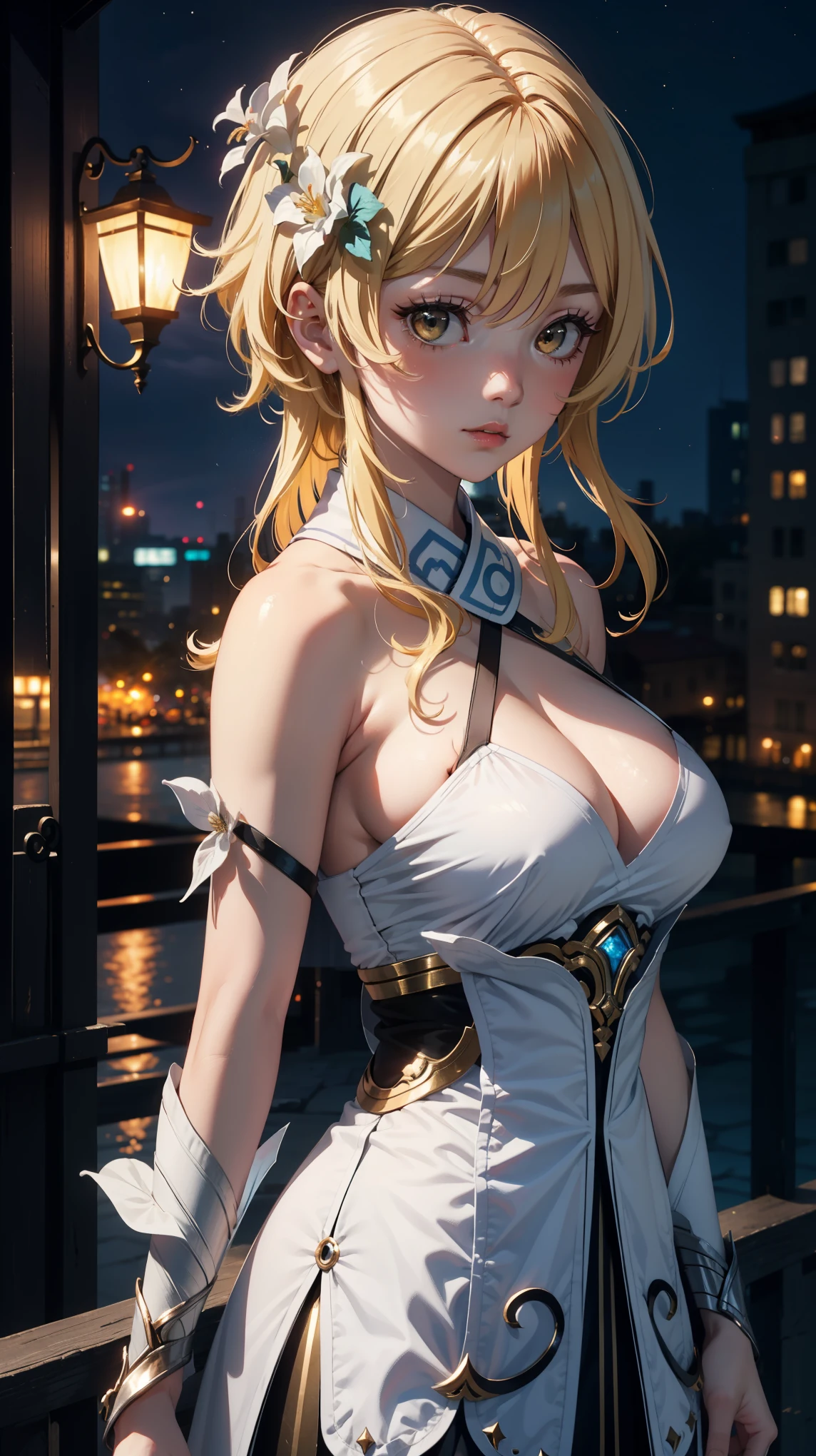 Masterpiece, high quality, blurry background, hd, 4k, night,luminedef, (large breasts, long breast), dark night, broken city, red moon, standing, blush, looking at viewer, (upper body), half portrait,