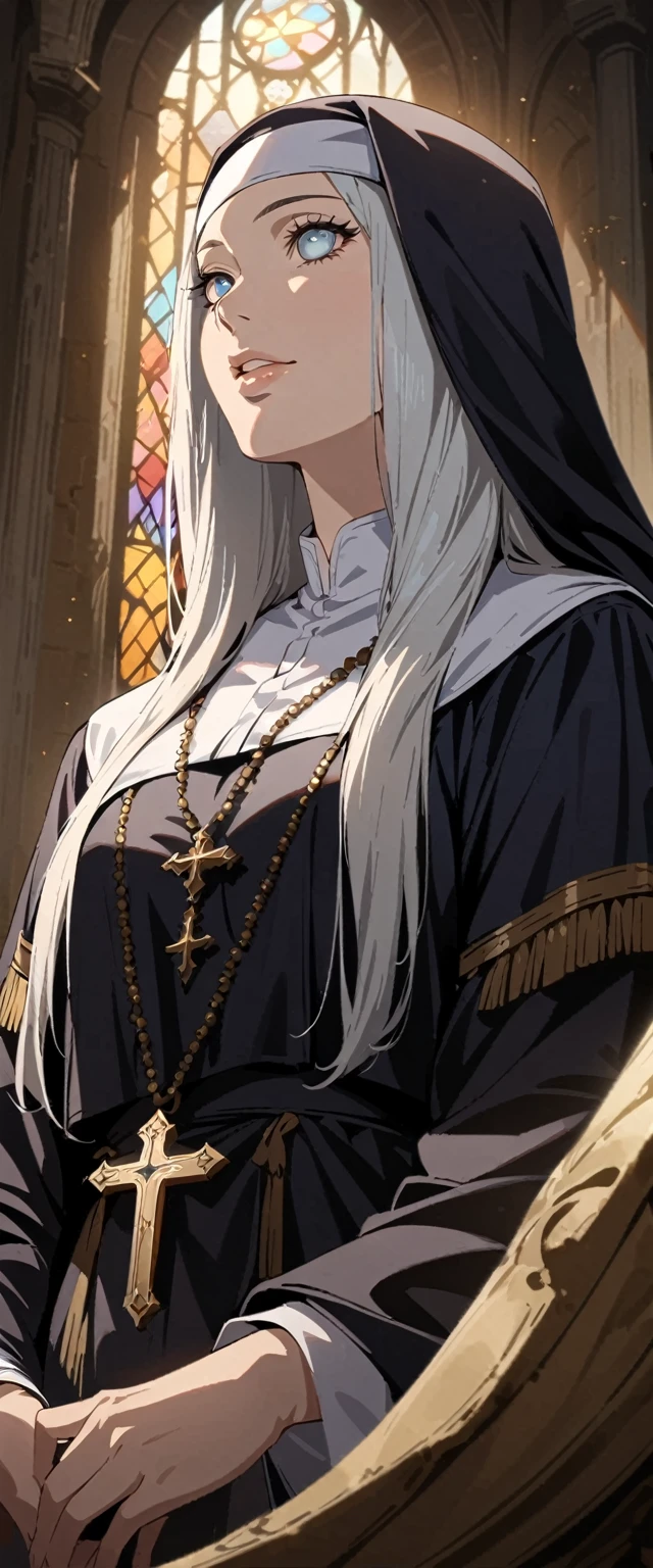 (highest quality, 4k, 8k, High resolution, masterpiece:1.2), Super detailed, nun, beautiful detailed eyes, beautiful detailed lips, highly detailed eyes and face, long eyelashes, calm expression, soft lighting, Religious atmosphere,black hair, rosary, Holy Sunshine, Sacred Space, Soft sunlight shining through the stained glass, Angelic Being, Solemn Ceremony, Faith and dedication, The tranquility of the monastery.