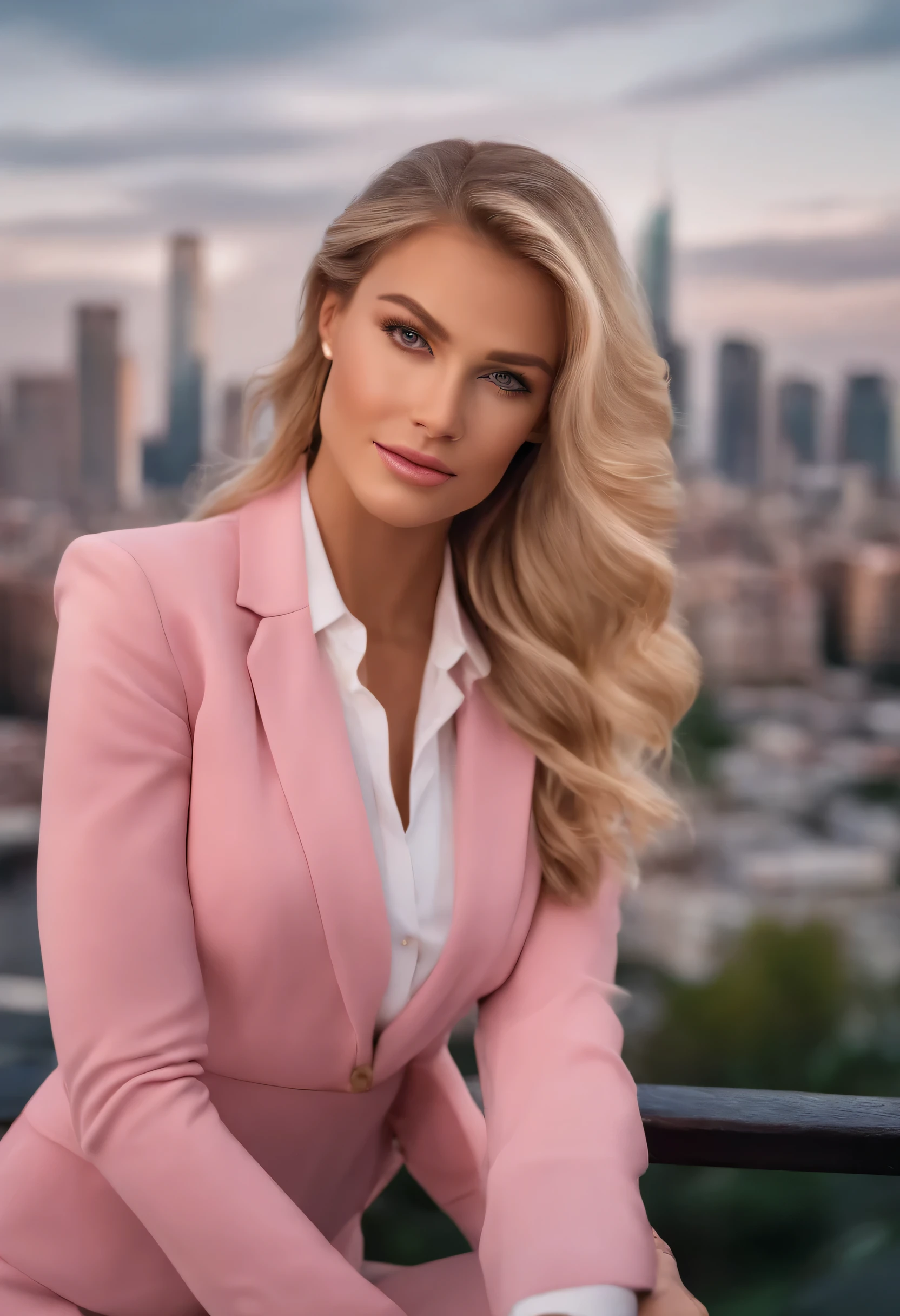 profissional, (Foto 4k:1.1), alto detalhe, Wearing pink business clothes, lindo rosto detalhado, hazel eyes, not too long blonde hair, formato corporal, vista da cidade