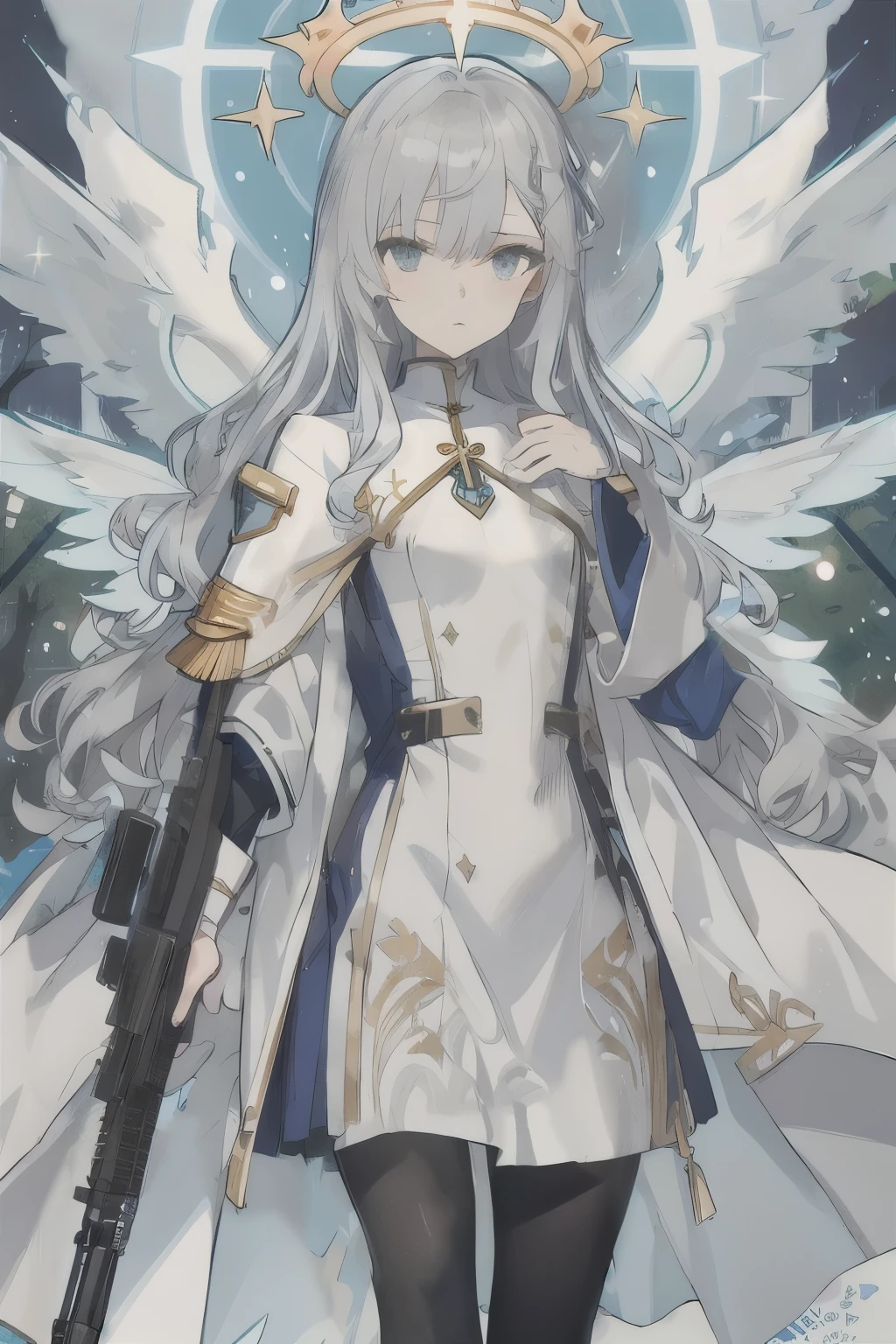 Cowboy Shot, alone, silver wavy long hair,Star Halo,Assault rifle,Bangs,Ribbon on chest,calm woman,tights,Tree Eyes,Lady,Small breasts,slender,priest clothes