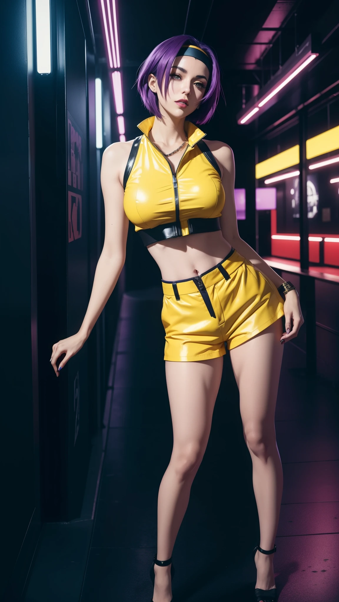 (best quality, 8k, high-res), ultra-detailed, realistic, charismatic, bold, captivating, Faye Valentine in cowboy  bebop, with sharp eyes and delicate lips, beautiful detailed eyes, beautiful detailed lips, seductive expression, short purple hair, long legs, standing against a vibrant futuristic cityscape, city lights reflecting off the sleek surface, short  hair, (full detailed Faye valentine costumes), (yellow collar shirt, cropped, yellow short pant, headband), stunning cyberpunk aesthetic, neon lights creating a surreal atmosphere, overcast sky with hints of purple and blue, studio lighting accentuating her features, vivid colors enhancing the overall composition, bokeh effect adding depth and focus to Faye, physically-based rendering capturing every intricate detail of her appearance, ((full body))