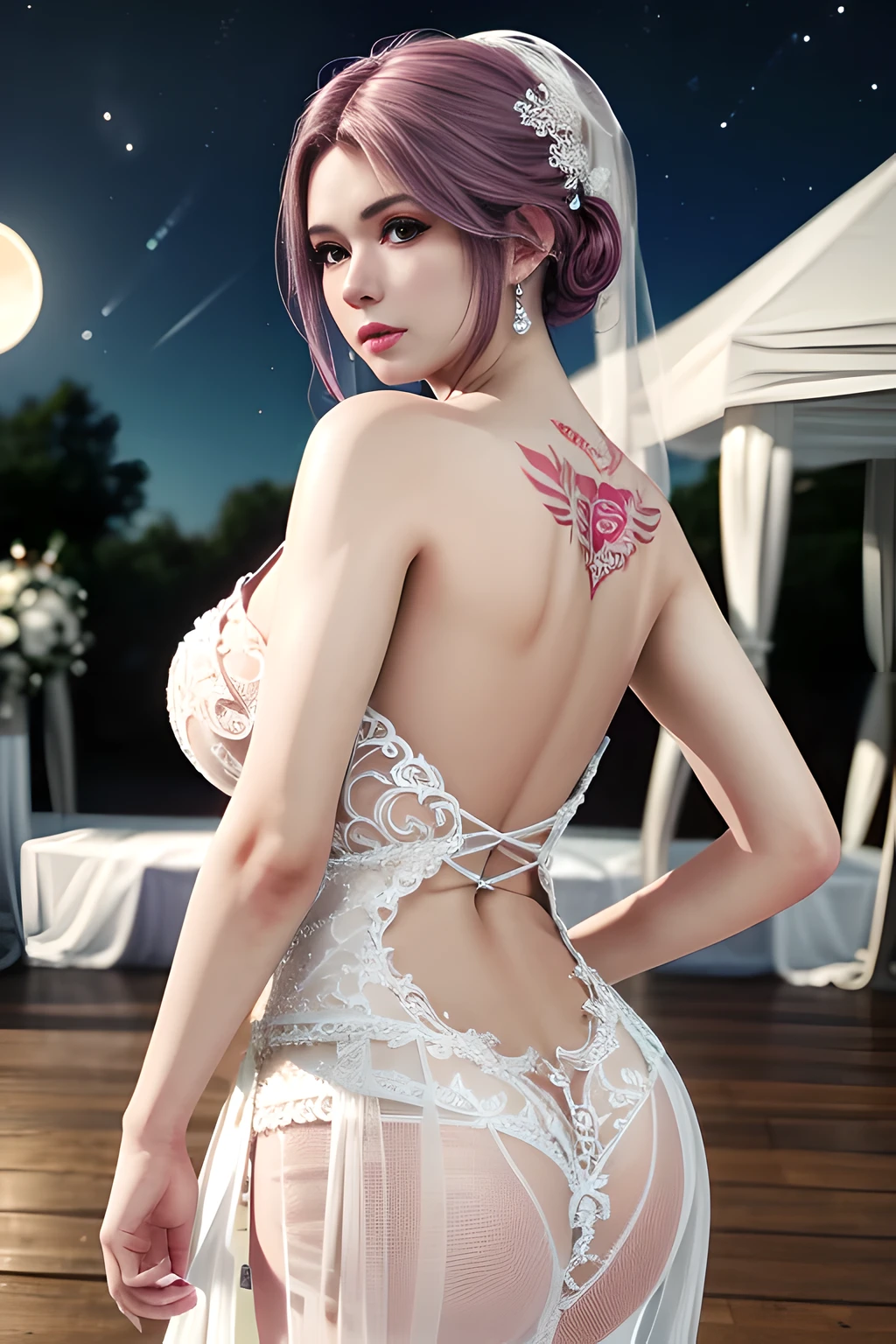 1 girl,standing posture,(( Backless Wedding Dress, see-through)), outdoor,elegant,nighttime,moonlighe,shiny skin,( huge breasts:1.1), lip gloss,( tattoos:1.3), masterpiece, best quality, realistic ,Surrealism,,Rich artistic colors, 8K,soft shadows,Portrait art,solo, elise,