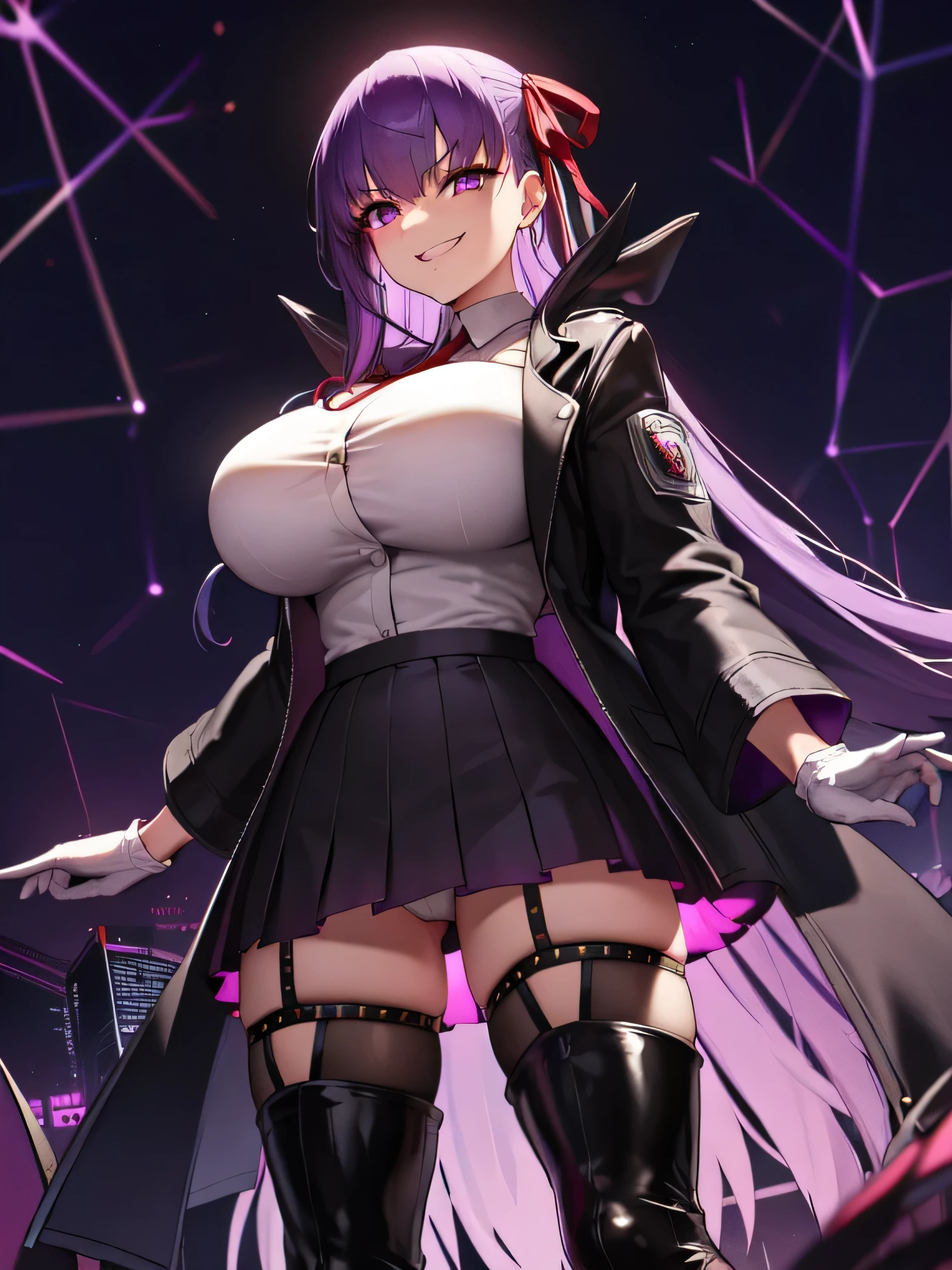  isometric, mid shot,  night, cyber punk,,, purple hair, black jacket, white shirt, black skirt, red ribbon, big breasts, purple eyes, white gloves, long hair, big collar, evil smile,smirk,thighhigh boots,