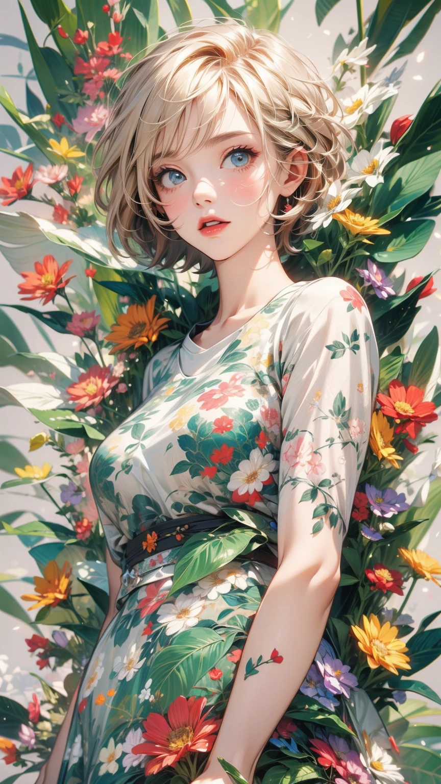 (masterpiece, High resolution, highest quality), Composition from head to thighs:1.3, Upper body focus, 20-year-old woman, Asymmetrical short hair, Disorganized, Petals and paint collage, abstract design, artistic juxtapositions, mixed-media approach, Anime Style, simple lines, Digital Painting,