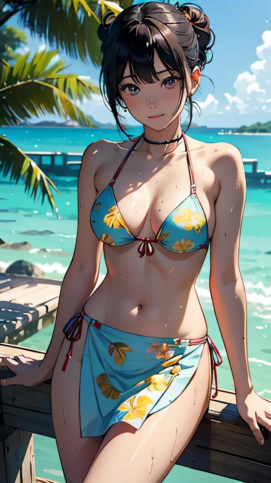 (highest quality, masterpiece, High resolution)、(Anime Art 4k)、 (reality)、Beautiful Japanese Women、(Two women)、20-year-old、((Drink tropical drinks))、(Detailed depiction of a beautiful face)、Smiling Kindly、Small breasts、Slim figure、Medium Short Hair、semi-long、Hair Bun、Wet 水着、bikini、モノキニbikini、A pareo skirt with bold ethnic patterns and plenty of primary colors、Realistic Skin、Wet、whole body、No zoom、No close-ups、Cinematic Light、Tropical colors、((Blank Background))、((White Background))、