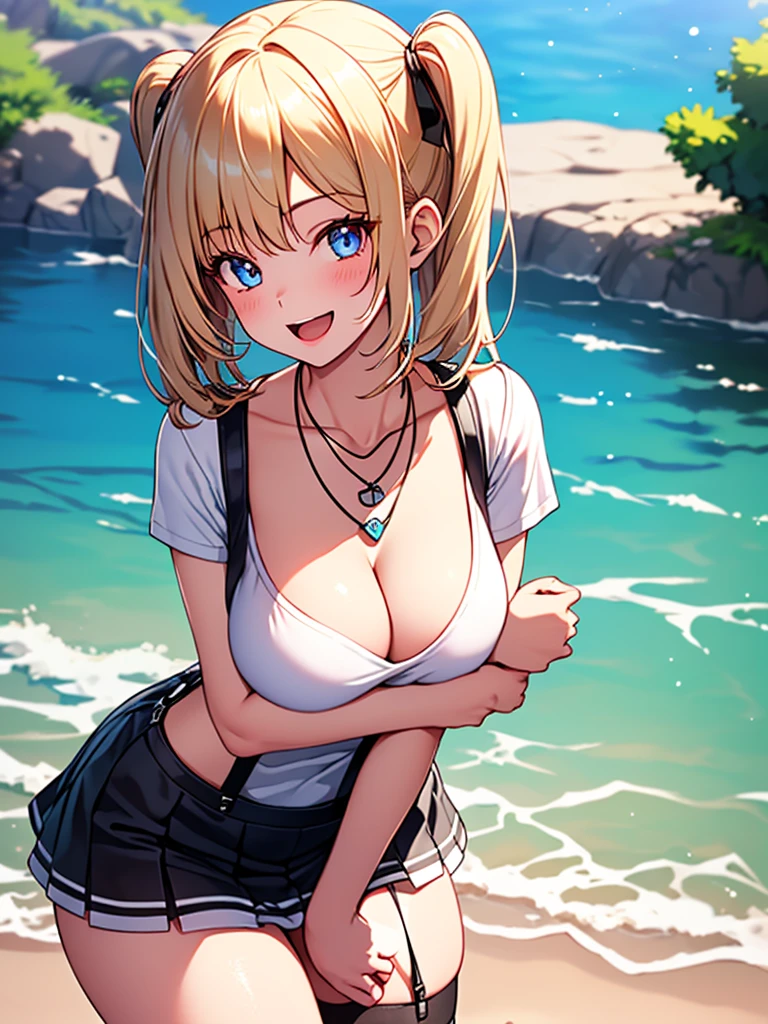  (highest quality, High resolution, perfect pixel, Depth of bounds written, 4K), (from above), (1 girl), perfect body, blond hair, (two side up), white t-shirt, (v-neck), (black suspender skirt), necklace, (kneehighs), (standing), leaning forward, (breast hold), light smile, open mouth, 