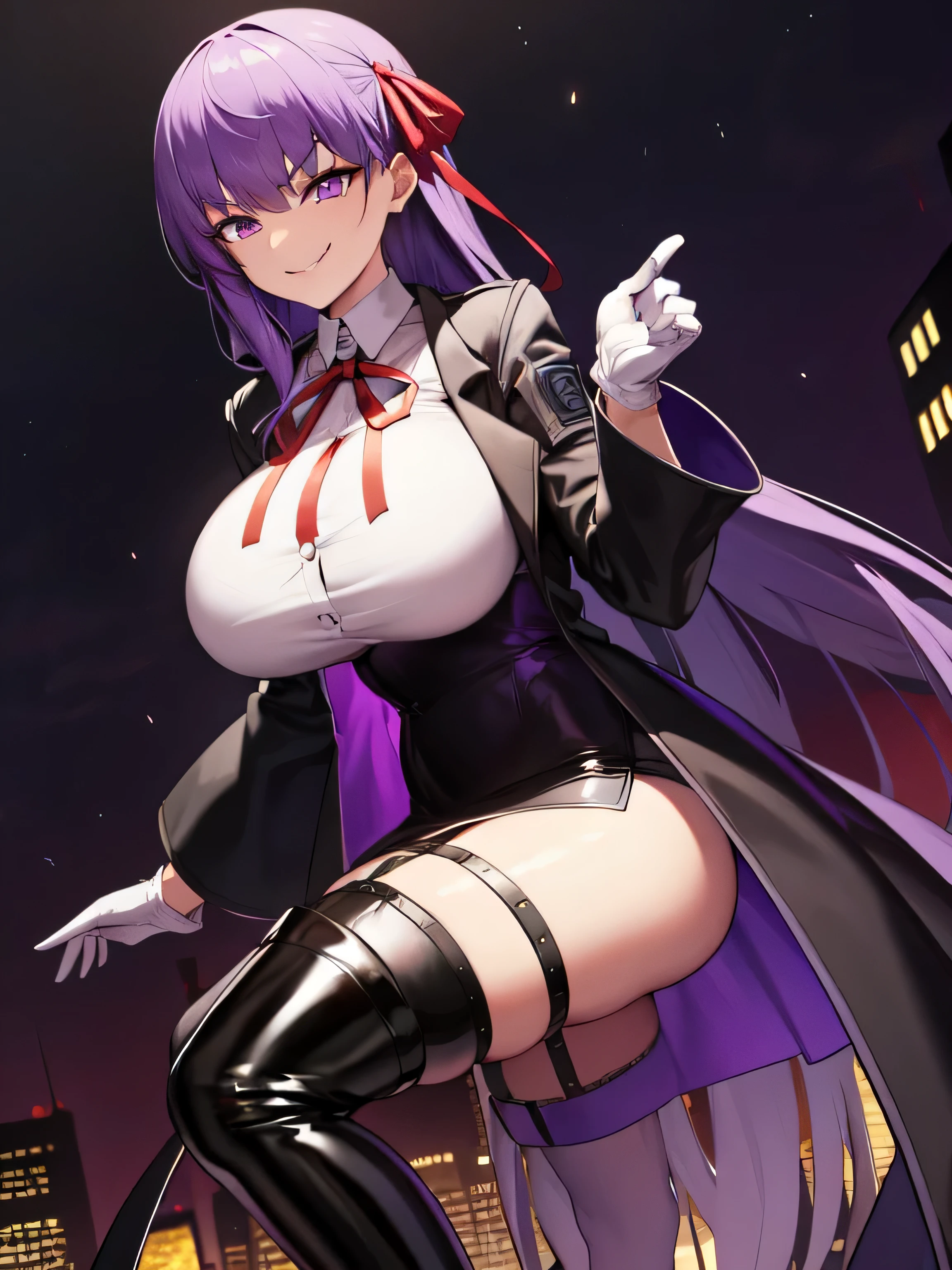  isometric, mid shot,  night, ,,, purple hair, black jacket, white shirt, black skirt, red ribbon, big breasts, purple eyes, white gloves, long hair, big collar, evil smile,smirk,thighhigh boots,